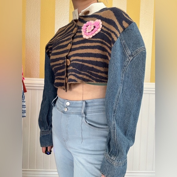 Striped Mix Fabric Denim Sleeve Jacket - Picture 4 of 6